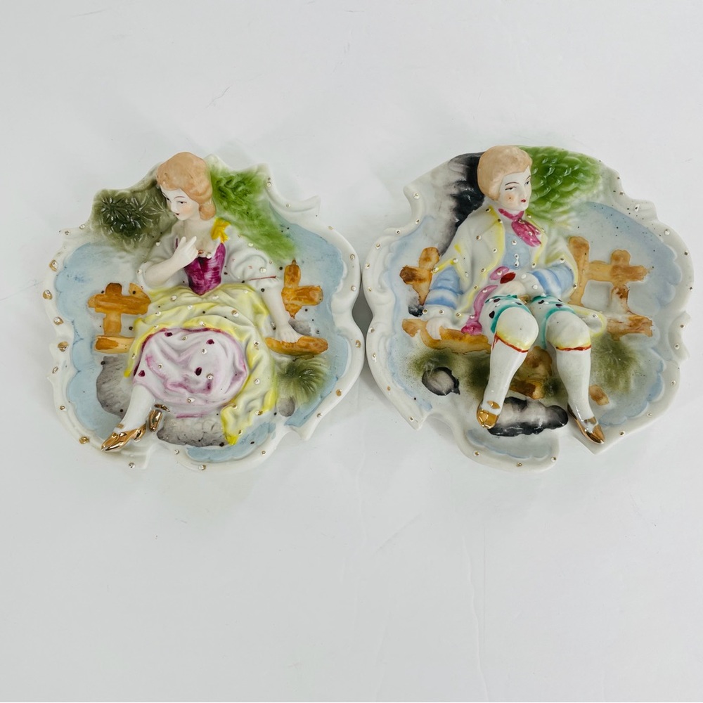 Vintage Chase Hand Painted Pair of Victorian 3D Wall Plates